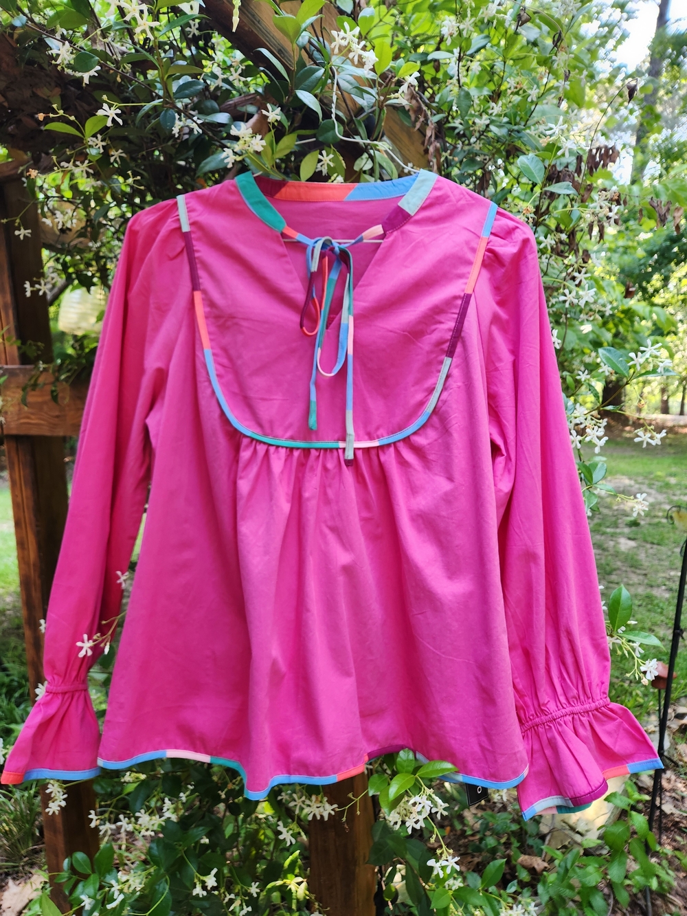 Hot Pink Boho Peasant Blouse with Peplum Puff Sleeve & Multi Contrast Trim - SZM